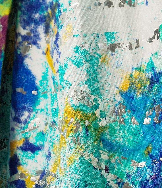 Ali Miles Foiled Burnout Split Round Neck Criss Cross Hardware 3/4 Sleeve Popover Top Product Image