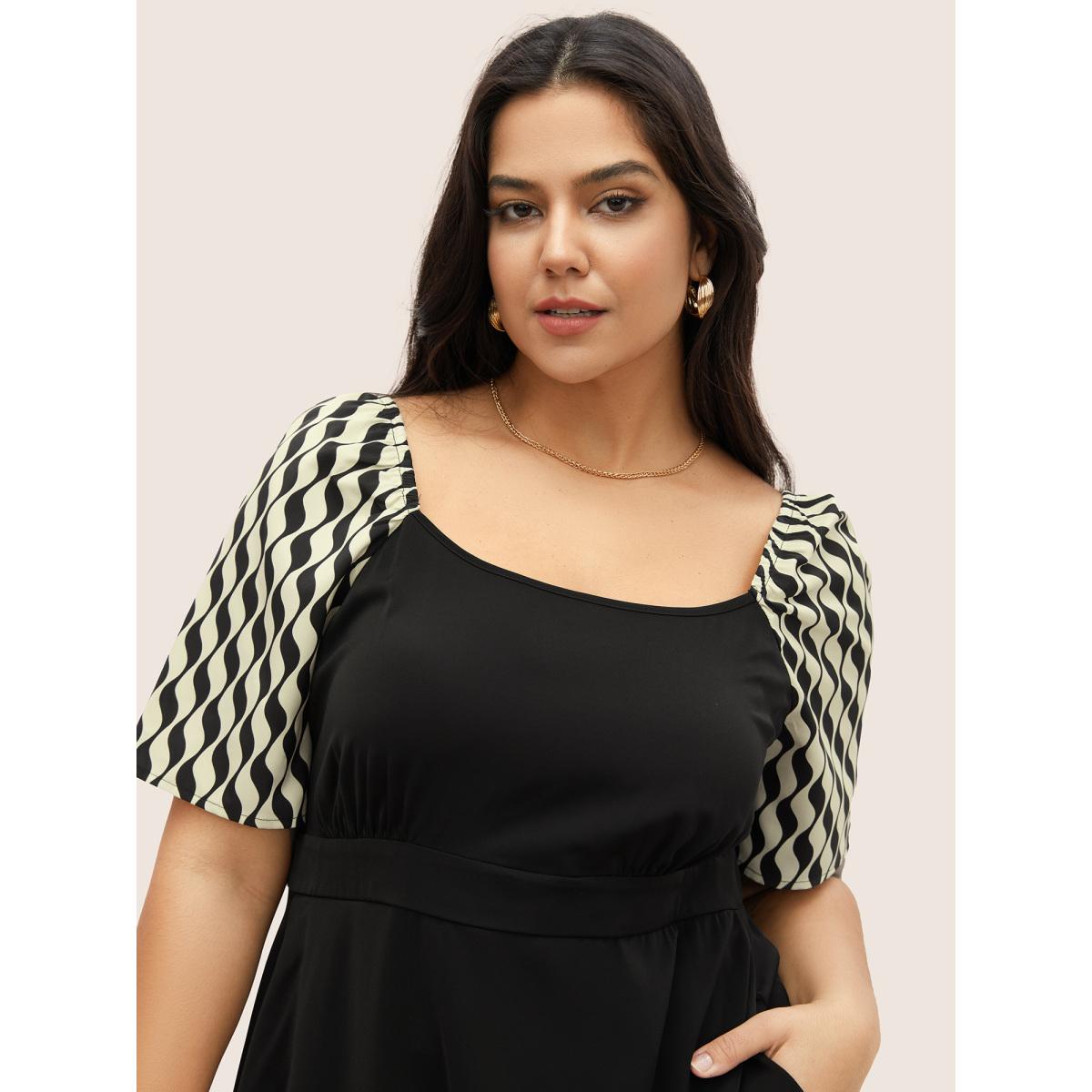 Plus Size Geometric Square Neck Raglan Sleeve Elastic Waist Dress Black Women At the Office Non Square Neck Half Sleeve Curvy Midi Dress BloomChic 12/L Product Image