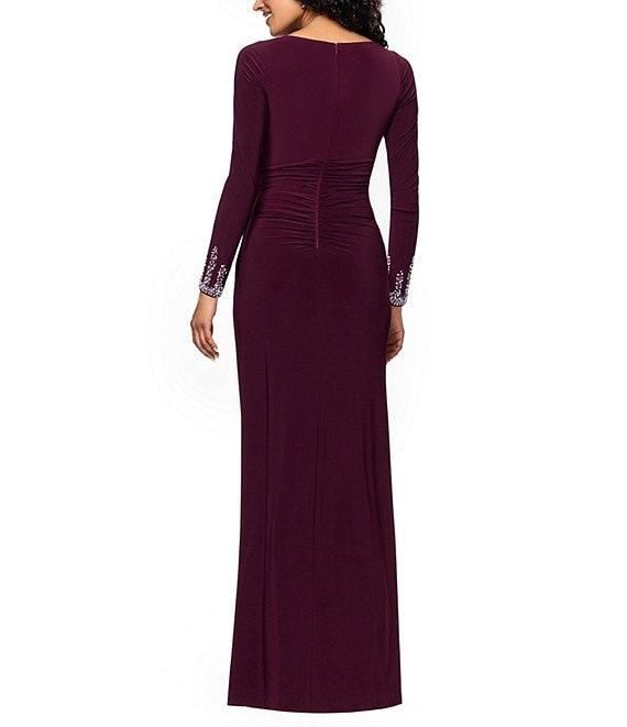 Betsy & Adam Long Sleeves With Beaded Embellishment Ruched Sheath Gown Product Image