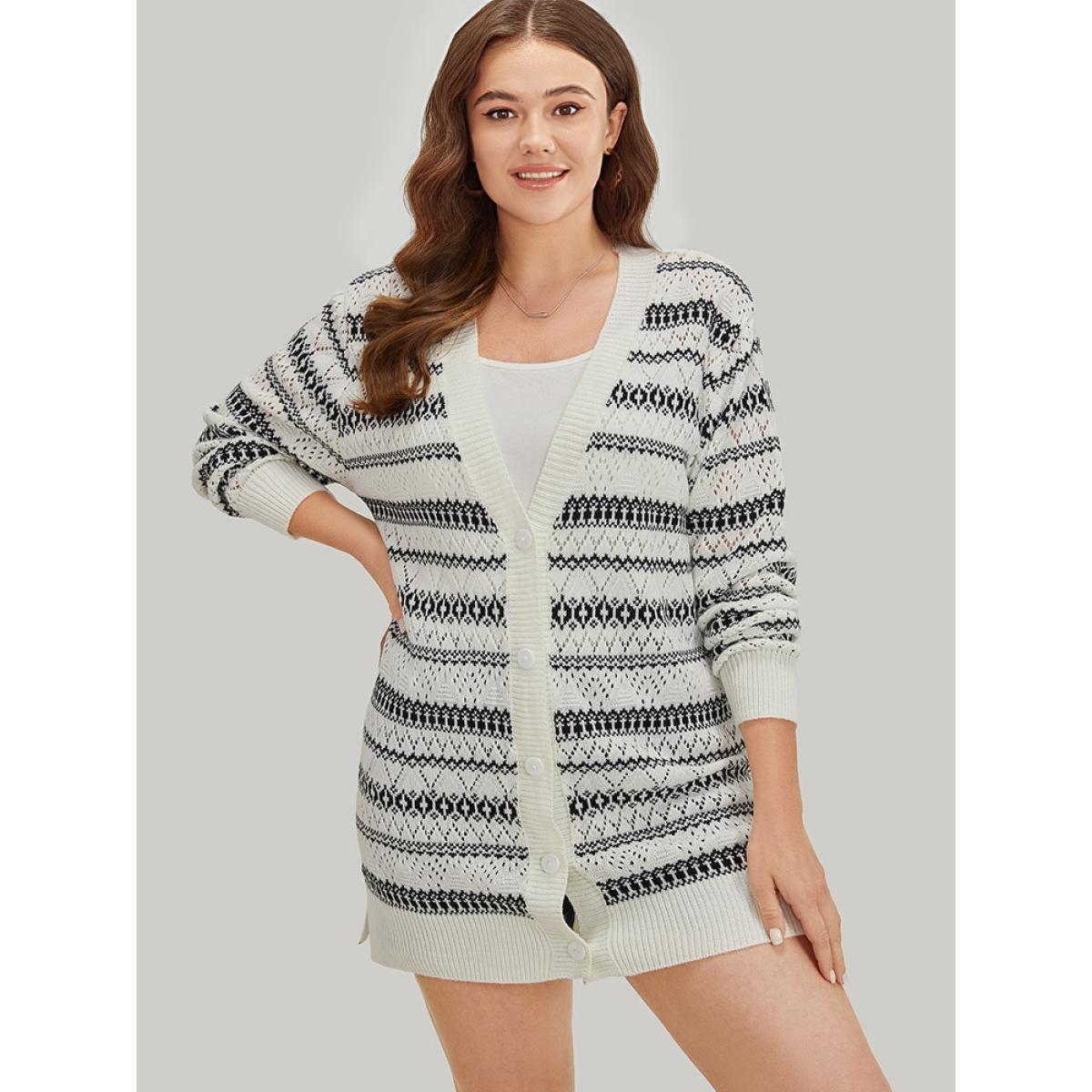 Plus Size Geometric Striped Button Through Patchwork Cardigan Ivory Women Casual Loose Long Sleeve Dailywear Cardigans BloomChic 22-24/3X Product Image