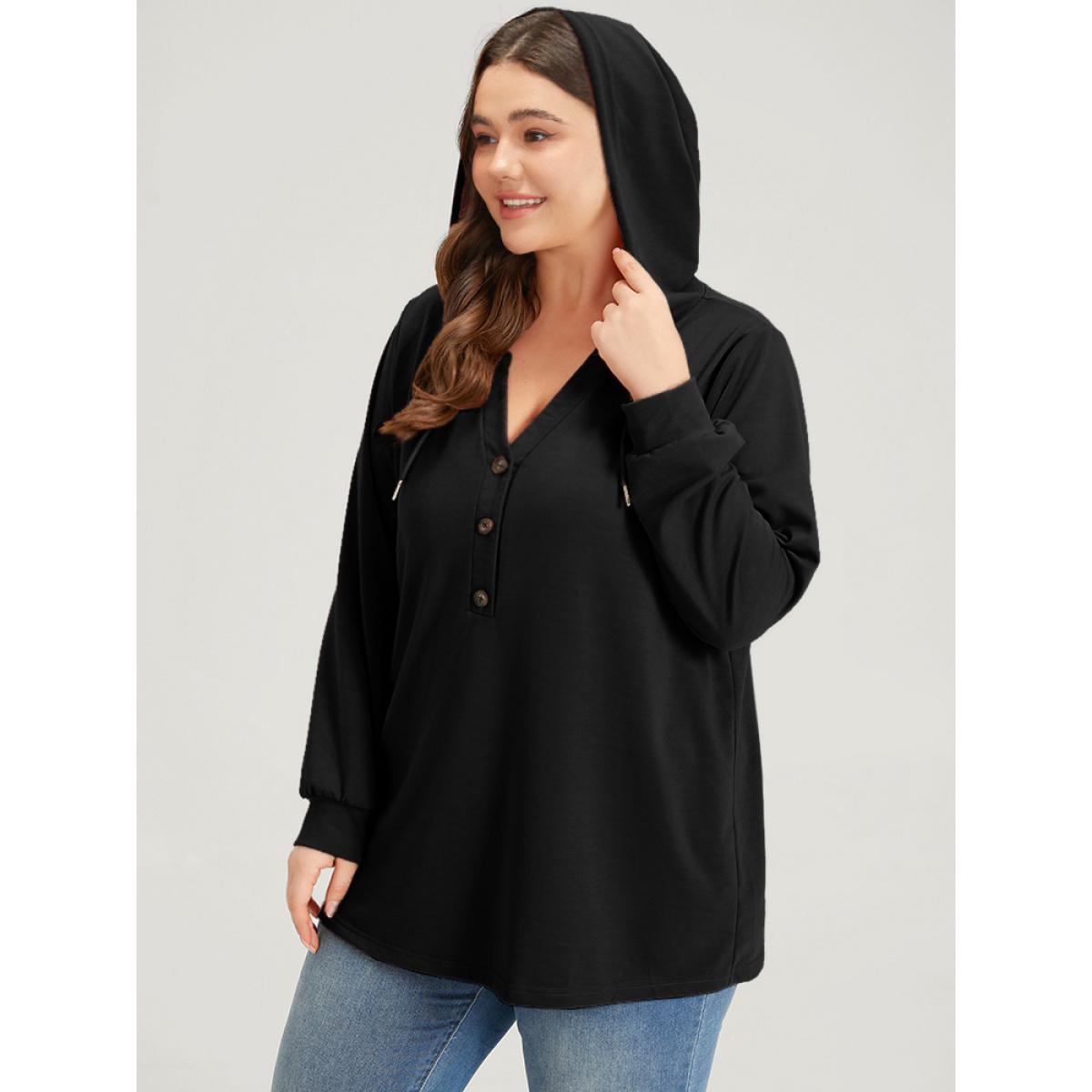 Plus Size Plain Button Up Drawstring Hooded Sweatshirt Women Black Casual Elastic cuffs Hooded Dailywear Sweatshirts BloomChic 22-24/3X Product Image