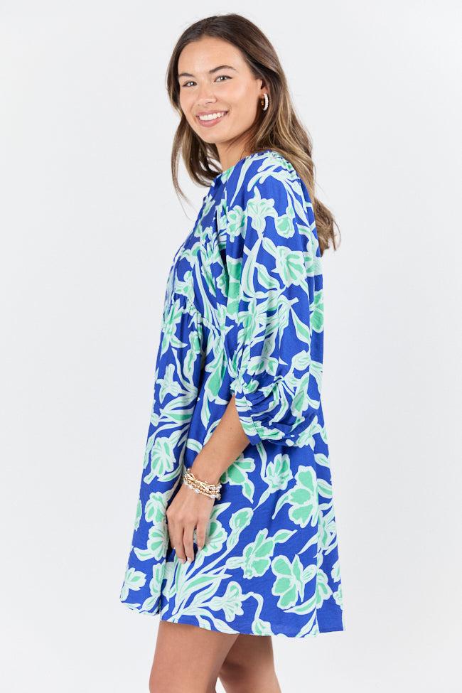 Keep The Flowers Blue and Green Floral Print Long Sleeve Mini Dress FINAL SALE Product Image