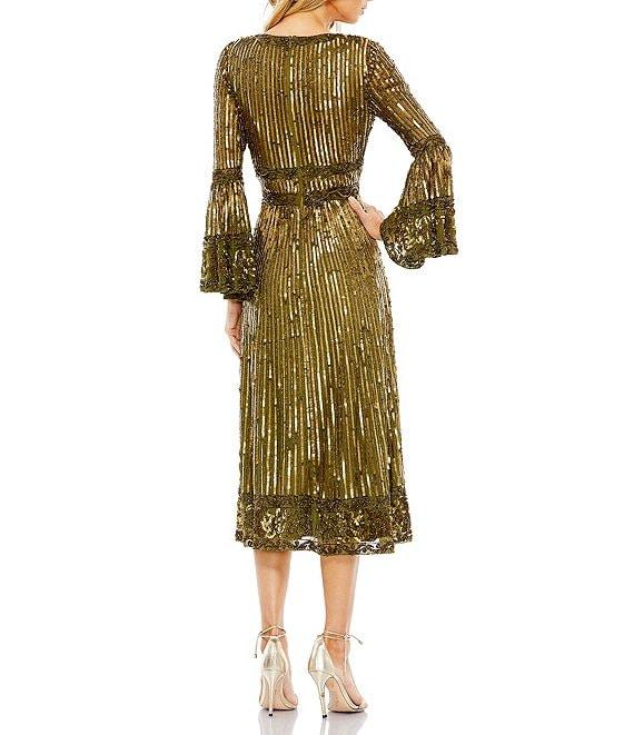 Mac Duggal V-Neck Long Bell Sleeve A-Line Midi Dress Product Image