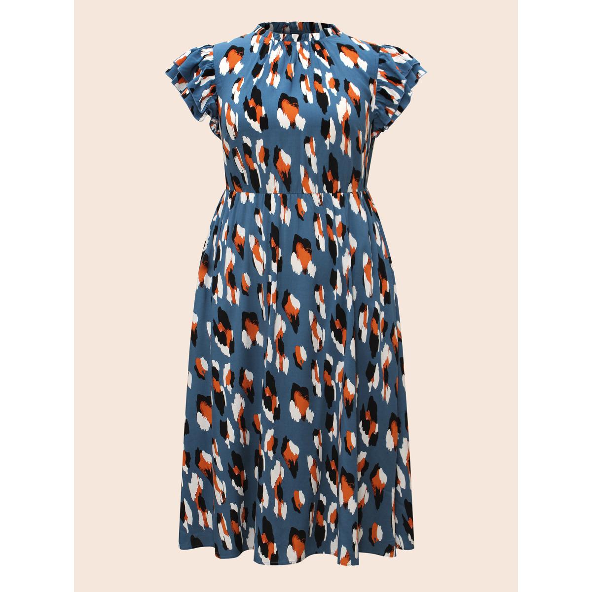 Plus Size Allover Print Frill Trim Flutter Sleeve Dress Aegean Women Office Gathered Mock Neck Sleeveless Curvy Midi Dress BloomChic 18-20/2X Product Image