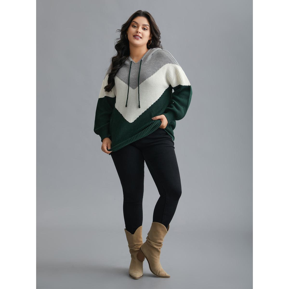 Plus Size Hooded Color Contrast Drop Shoulder Pullover DarkGreen Women Casual Loose Long Sleeve Hooded Everyday Pullovers BloomChic 30/6X Product Image