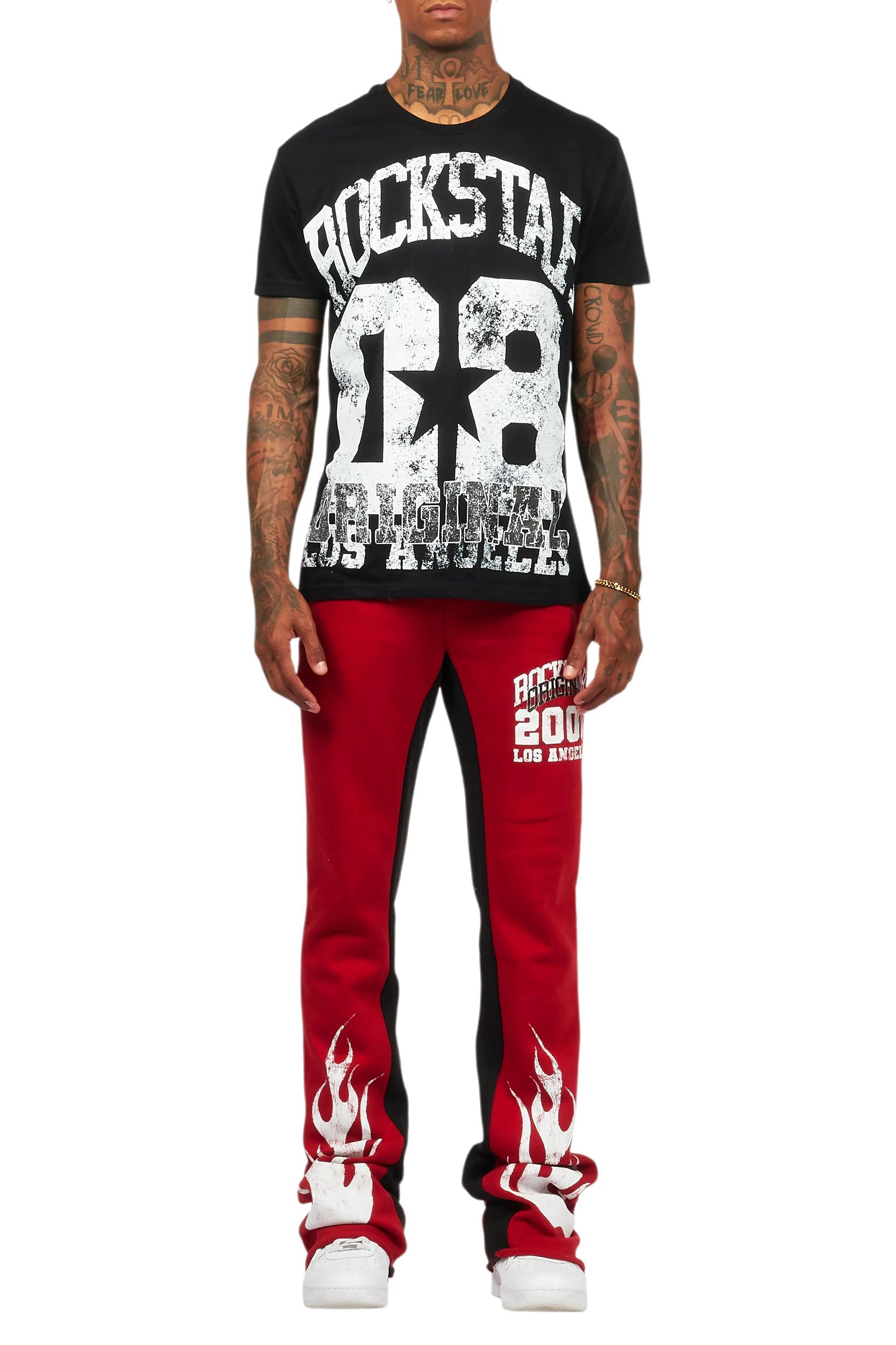 Edel Black/Burgundy T-Shirt/Stacked Baggy Track Pant Set Male Product Image