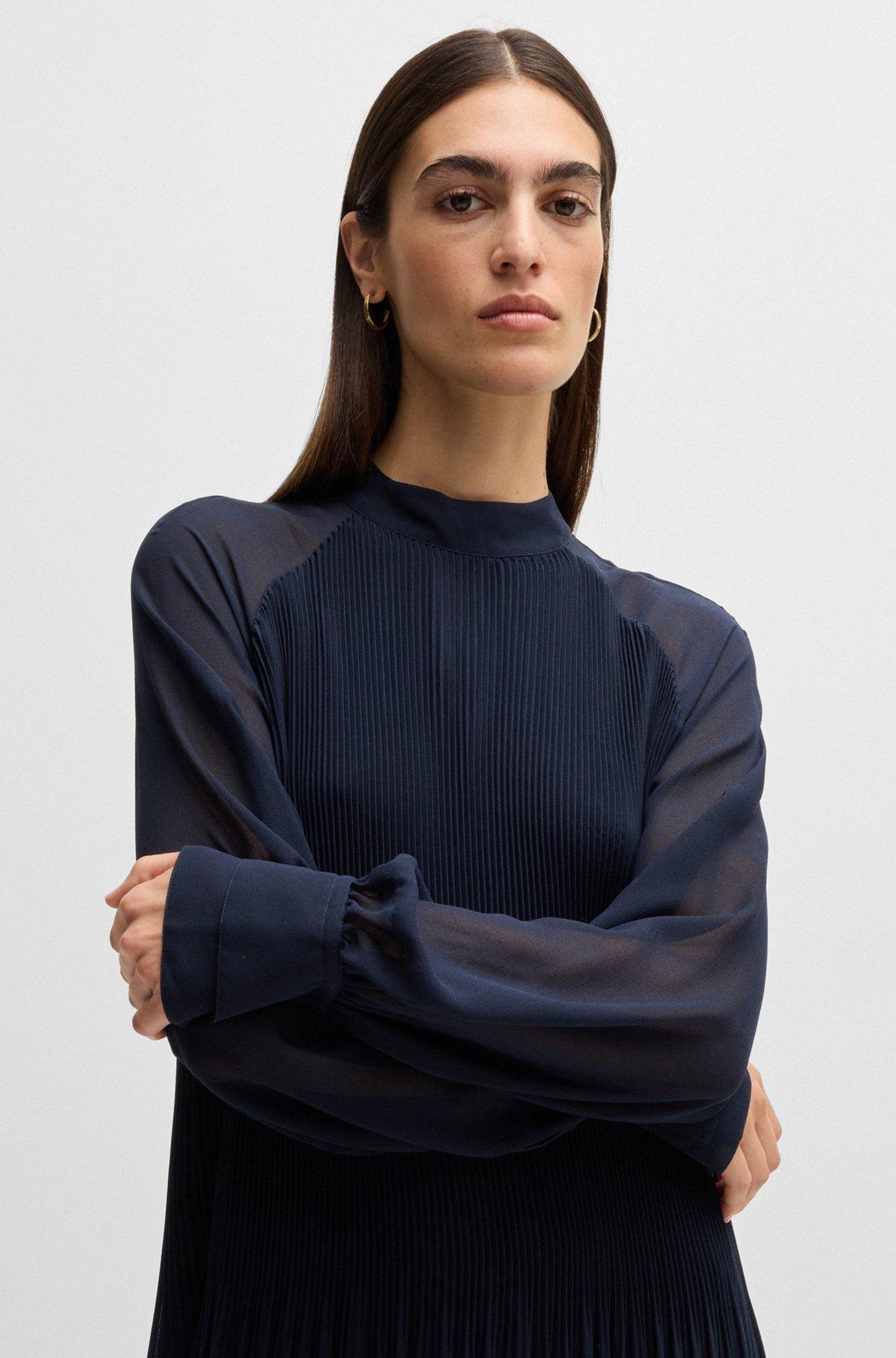BOSS - High-neck dress with plissé pleats and sheer sleeves - Dark Blue Product Image