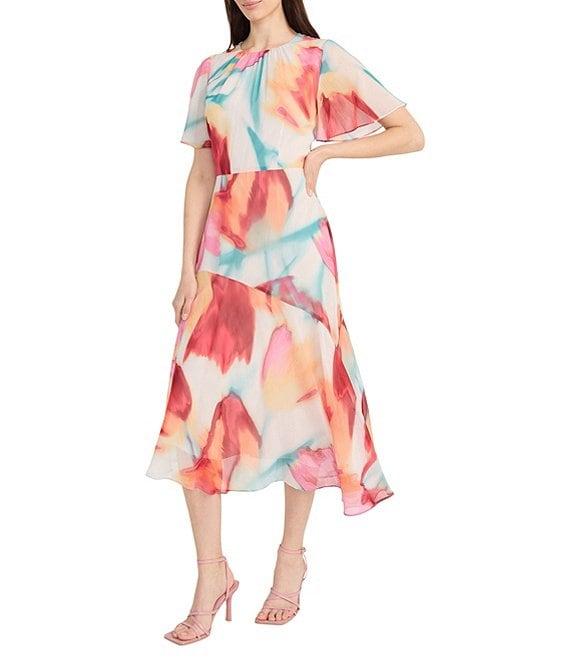 Maggy London Crew Neck Short Sleeve Abstract Floral Print Asymmetrical Hem Midi Dress Product Image