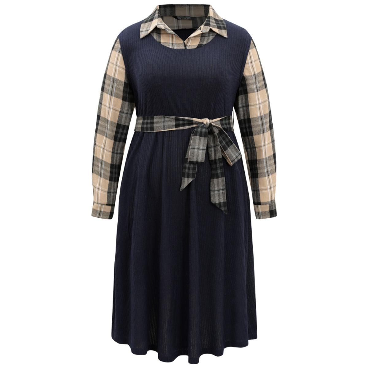 Plus Size Plaid Patchwork Rib Knit Shirt Collar Belted Dress Indigo Women Office Printed Shirt collar Long Sleeve Curvy Midi Dress BloomChic 14-16/1X Product Image