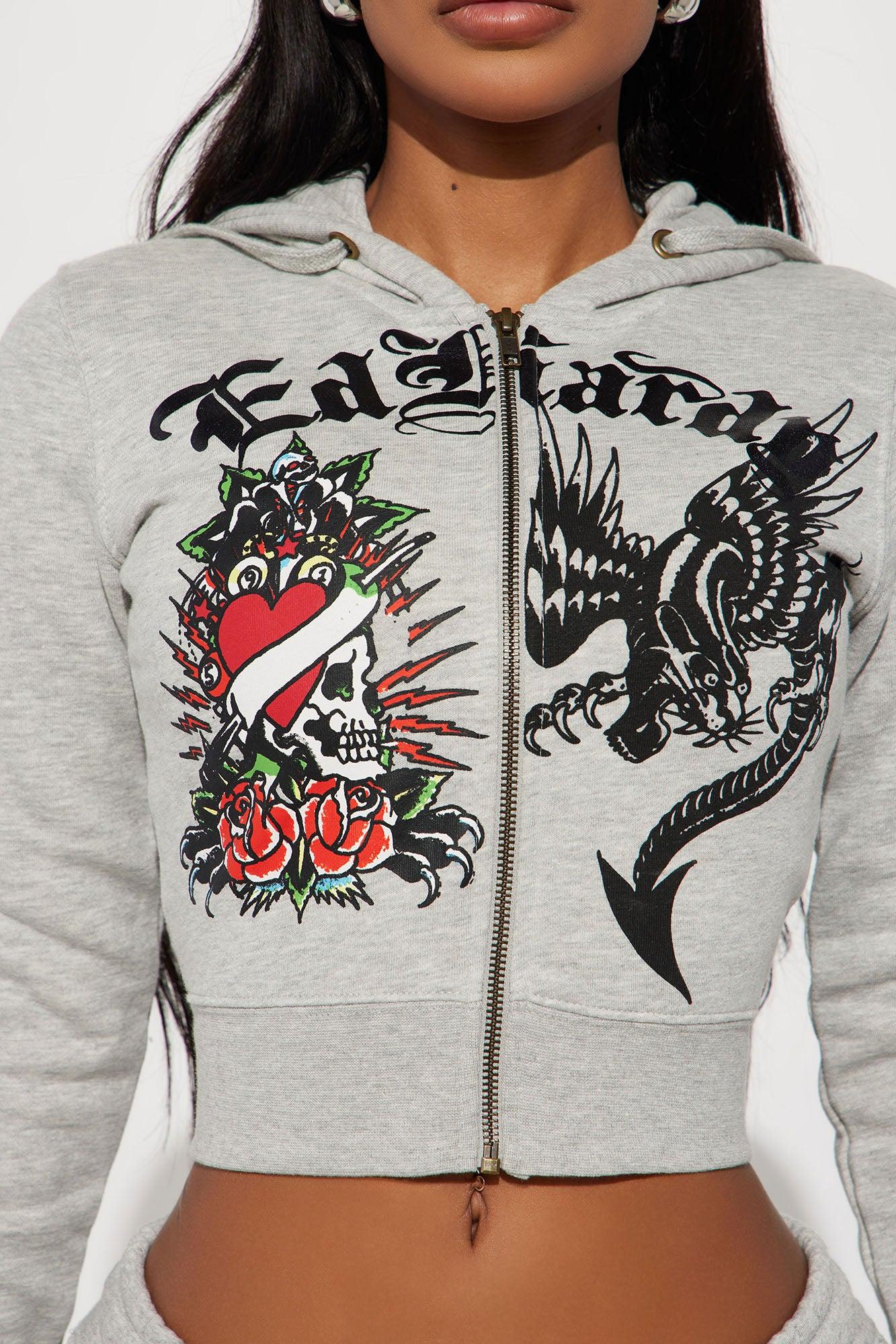 Heart Of Roses Ed Hardy Zip Front Hoodie - Heather Grey Product Image