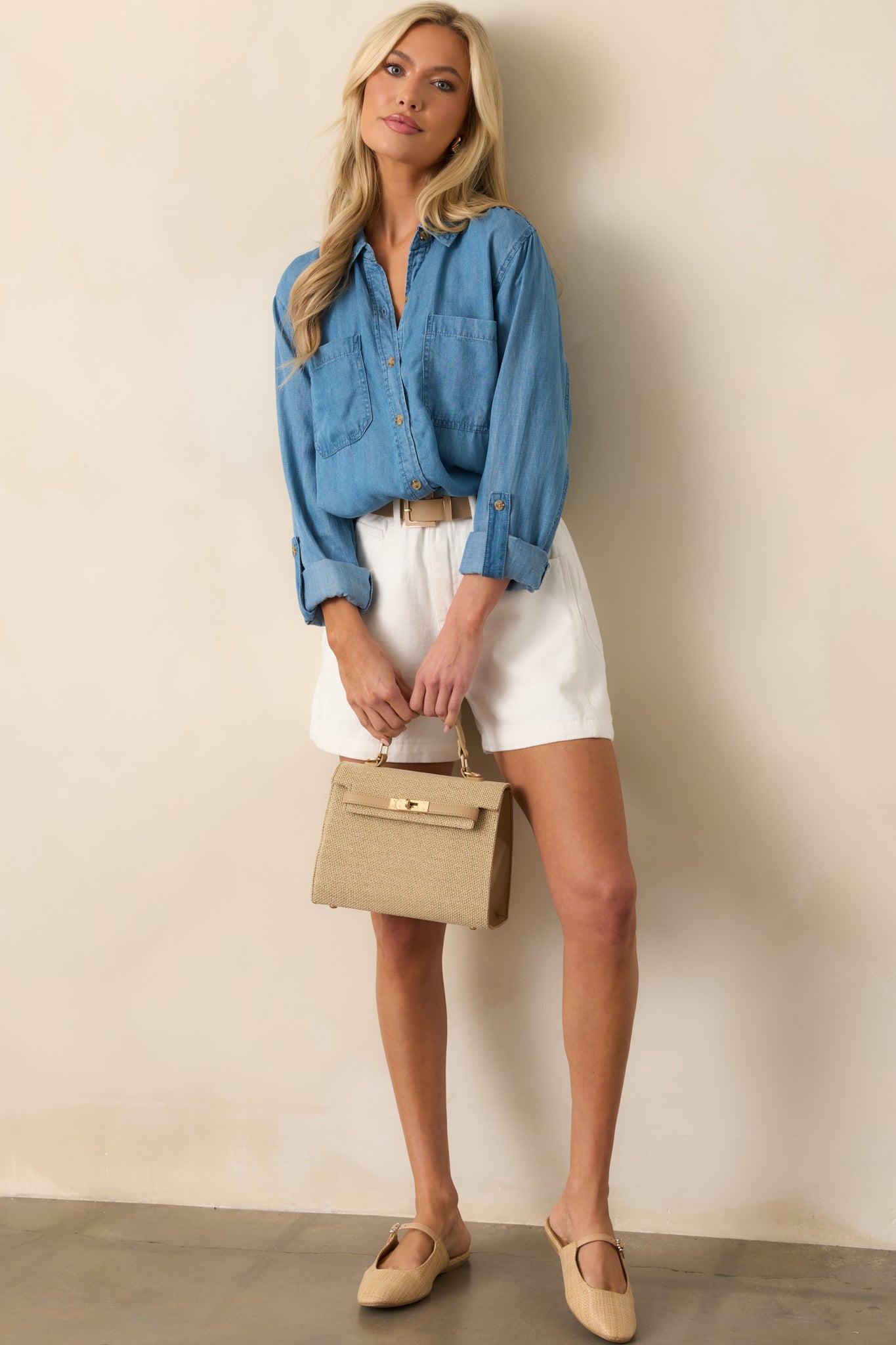 Weekend Wandering Chambray Button Front Blouse Product Image
