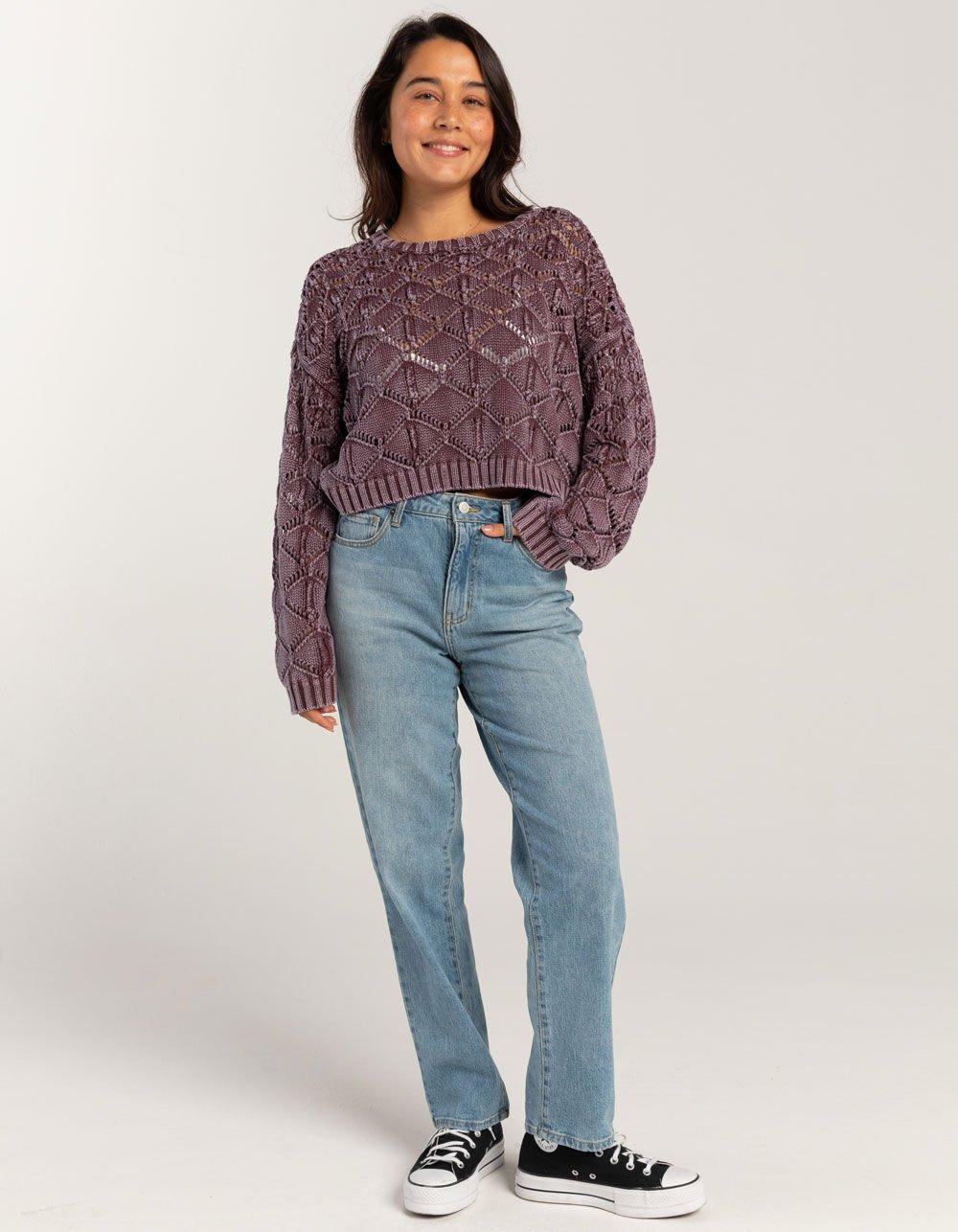 FULL TILT Womens Open Weave Washed Pullover Sweater - PURPLE Product Image