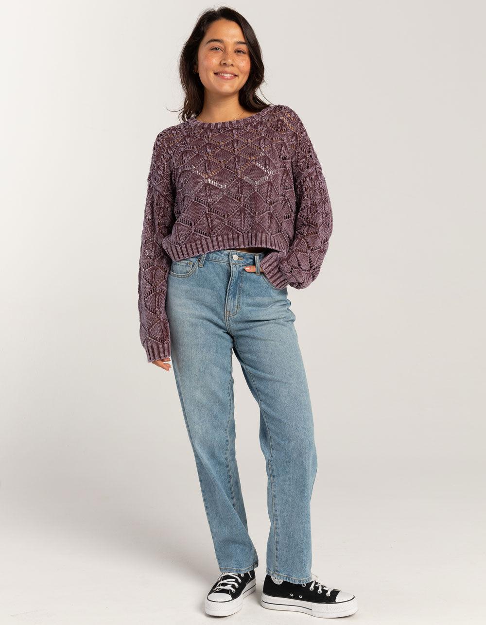 FULL TILT Womens Open Weave Washed Pullover Sweater - PURPLE Product Image