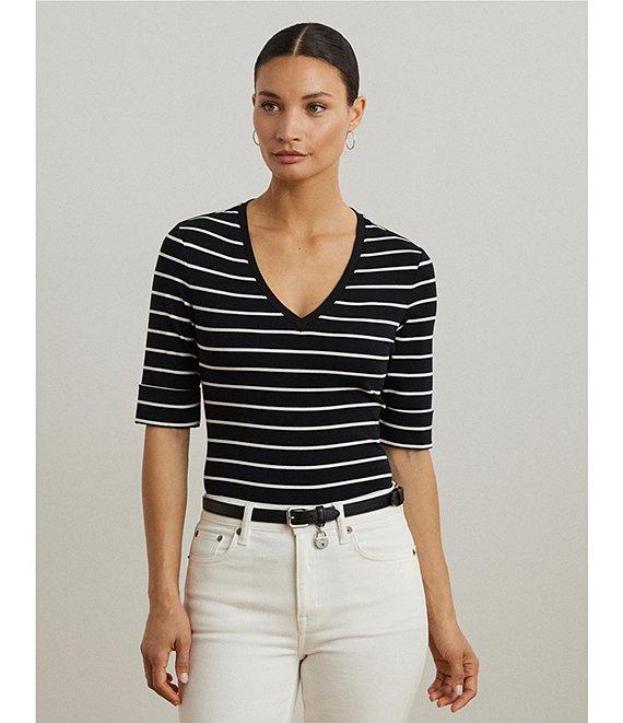 Lauren Ralph Lauren Knit Stripe Stretch Cotton V-Neck Elbow Sleeve Tee Product Image