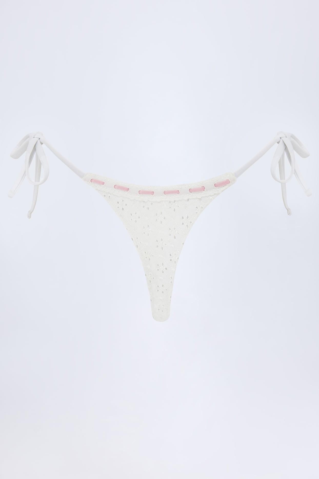 Broderie Anglaise Side-Tie Thong Bikini Bottoms in White Product Image