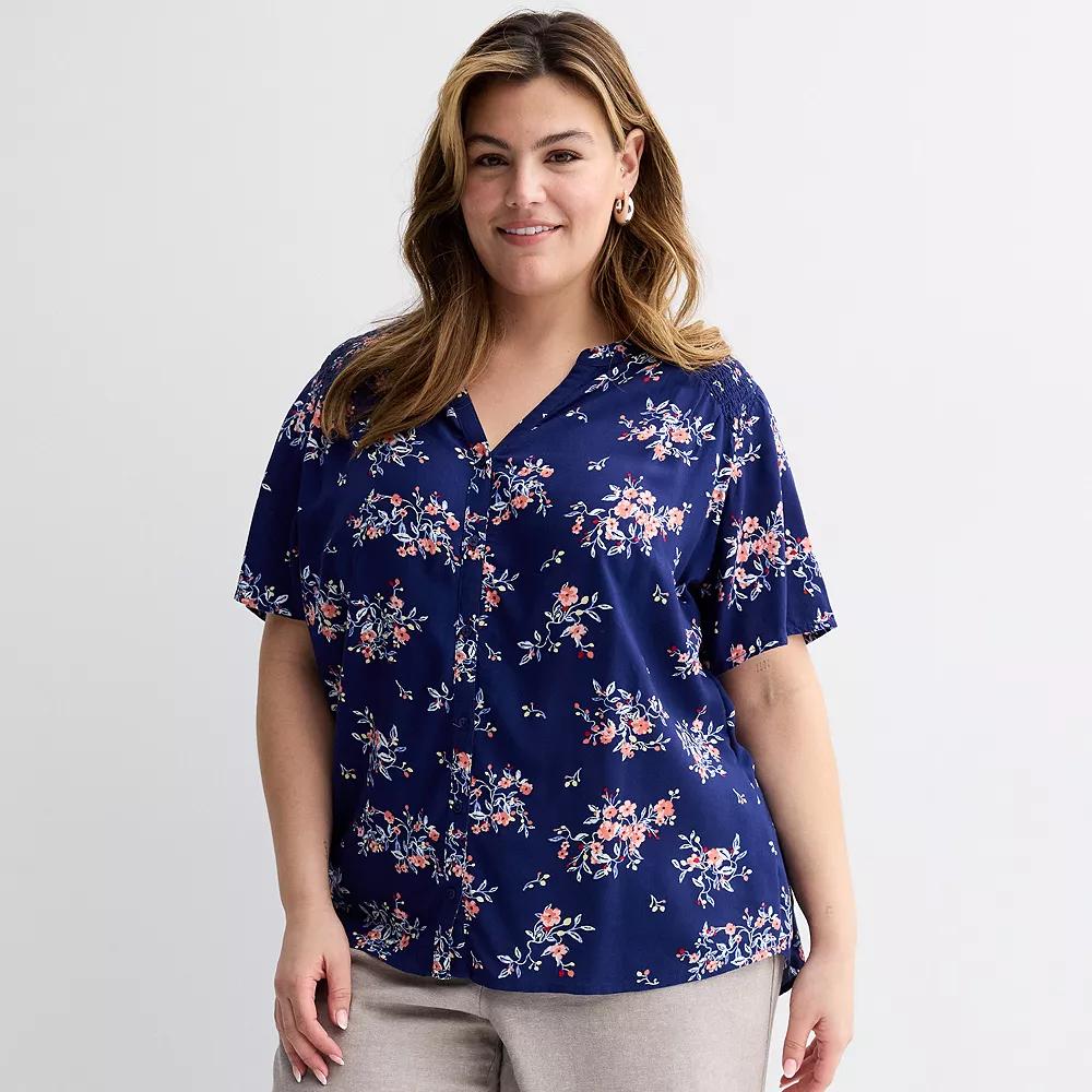 Plus Size Croft & Barrow® Short Sleeve Femme Blouse, Women's, Size: 3XL, Navy Pink Floral Product Image