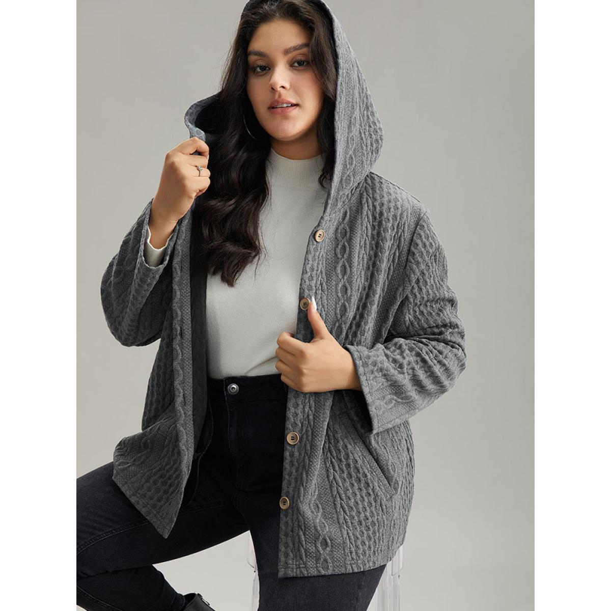 Plus Size Contrast Cable Knit Pocket Hooded Jacket Women Gray Casual Texture Ladies Dailywear Winter Coats BloomChic 18-20/2X Product Image