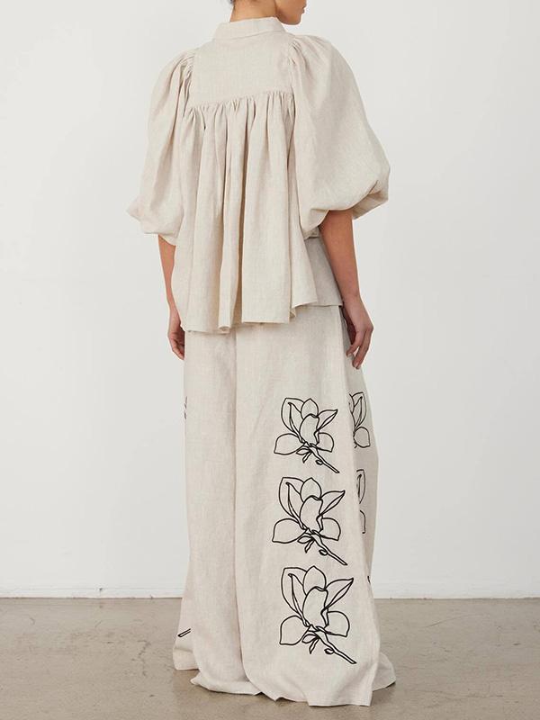 Loose Puff Sleeves Pleated Printed Split-Joint Lapel Blouses&Shirts Tops Product Image