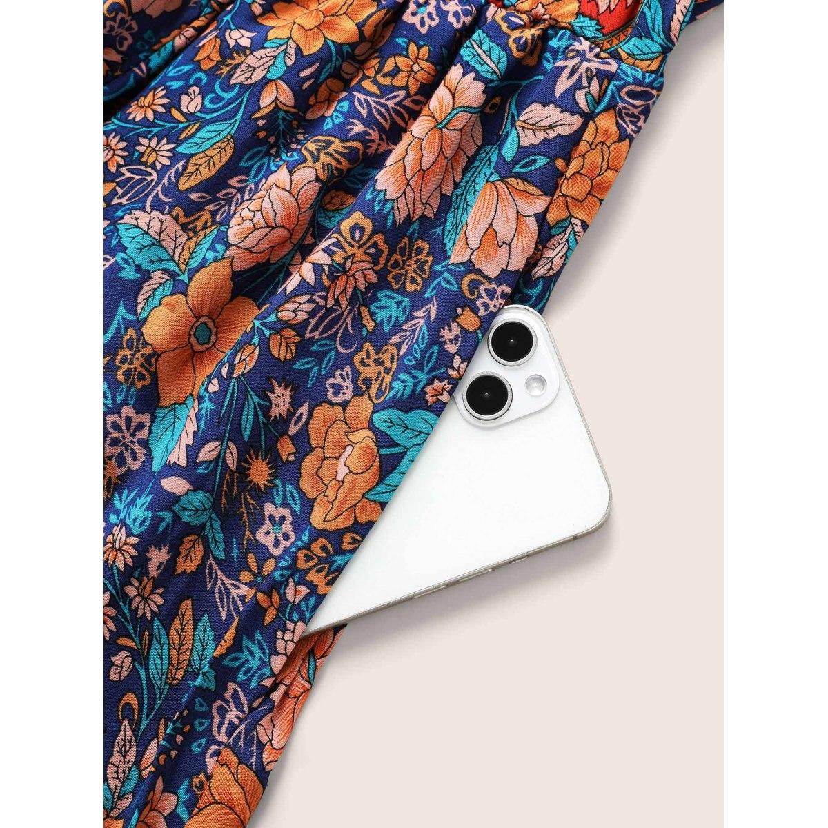 Plus Size Bandana Surplice Neck Pocket Belted Flutter Hem Maxi Dress DarkBlue Women Boho Non V-neck Short sleeve Curvy Long Dress BloomChic 14-16/1X Product Image