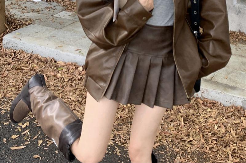 Plain Faux Leather Zip Jacket / High Rise Pleated Mini A-Line Skirt Product Image