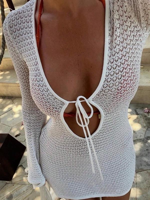 Sexy Openwork Beach V-Neck Mini Dress Product Image
