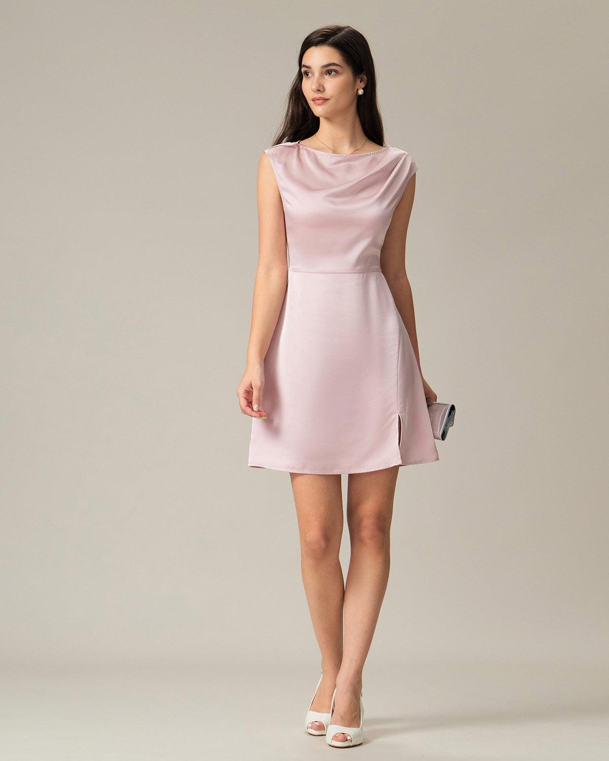 Pink Boat Neck Satin Mini Dress Product Image