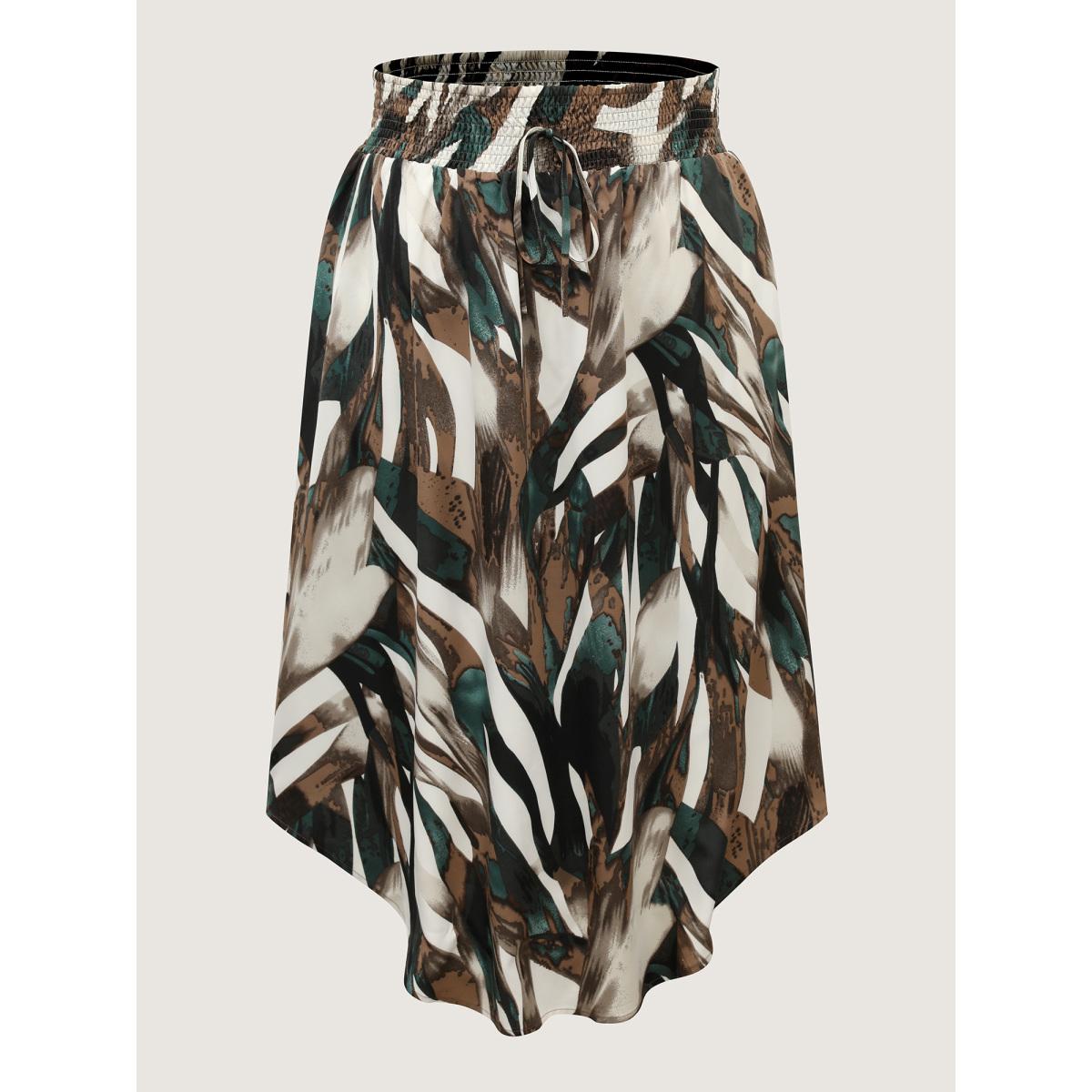 Plus Size Brushstroke Print Stretchy Waist Midi Skirt Women Apricot Office No stretch Side seam pocket Office Skirts BloomChic 12/L Product Image