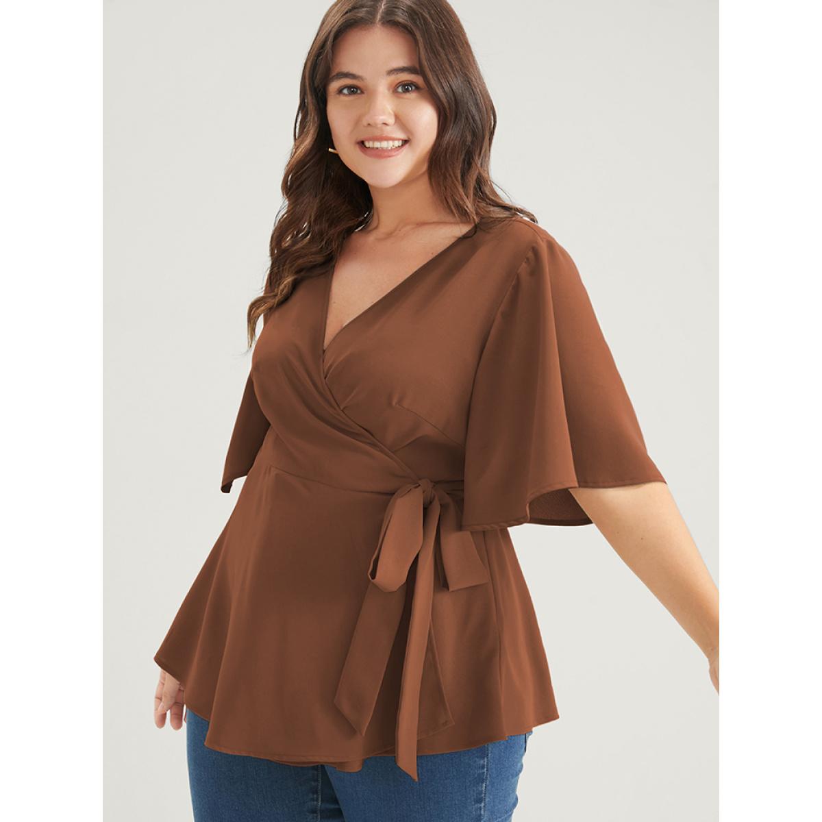 Plus Size Chocolate Plain Ruffles Button Belted Wrap Babydoll Blouse Women Elegant Short sleeve V-neck Dailywear Blouses BloomChic 18-20/2X Product Image
