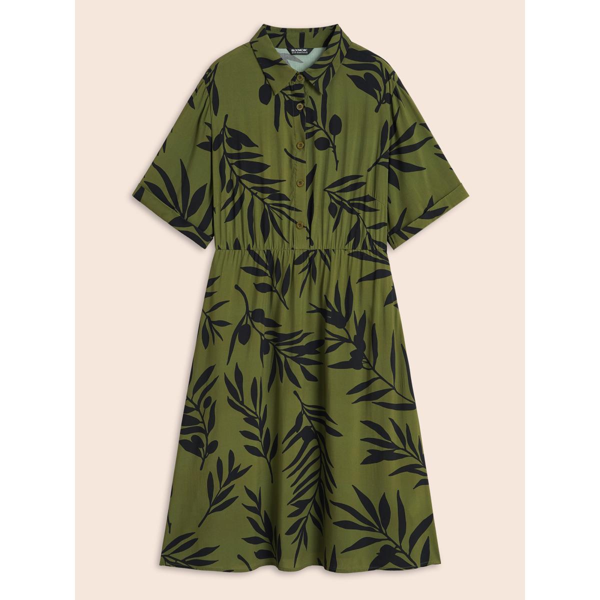 Plus Size Tropical Print Shirt Collar Midi Dress ArmyGreen Women Elegant Button Shirt collar Short sleeve Curvy BloomChic 22-24/3X Product Image