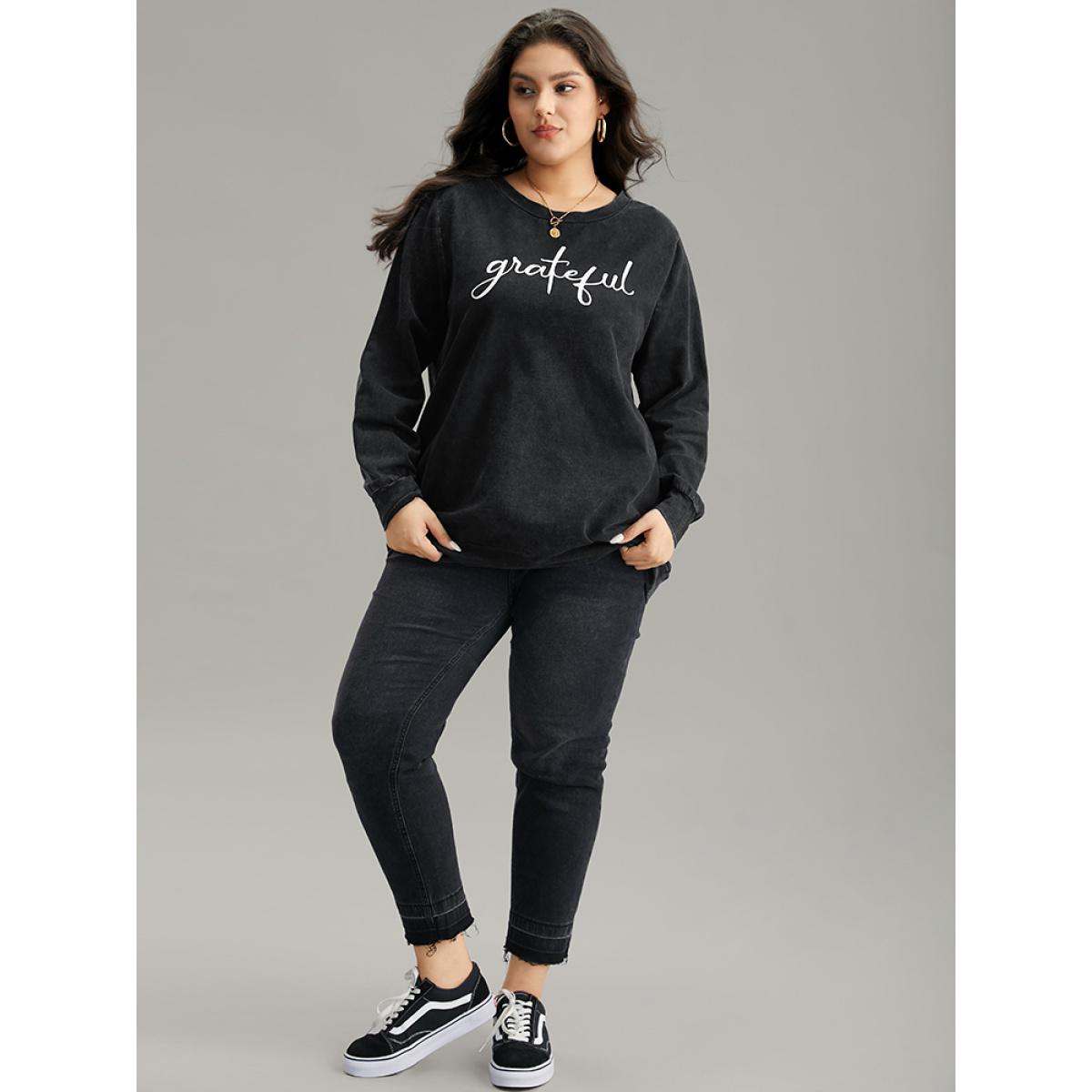 Plus Size Solid Letter Print Crew Neck Sweatshirt Women Black Casual Printed Dailywear Sweatshirts BloomChic 10/M Product Image