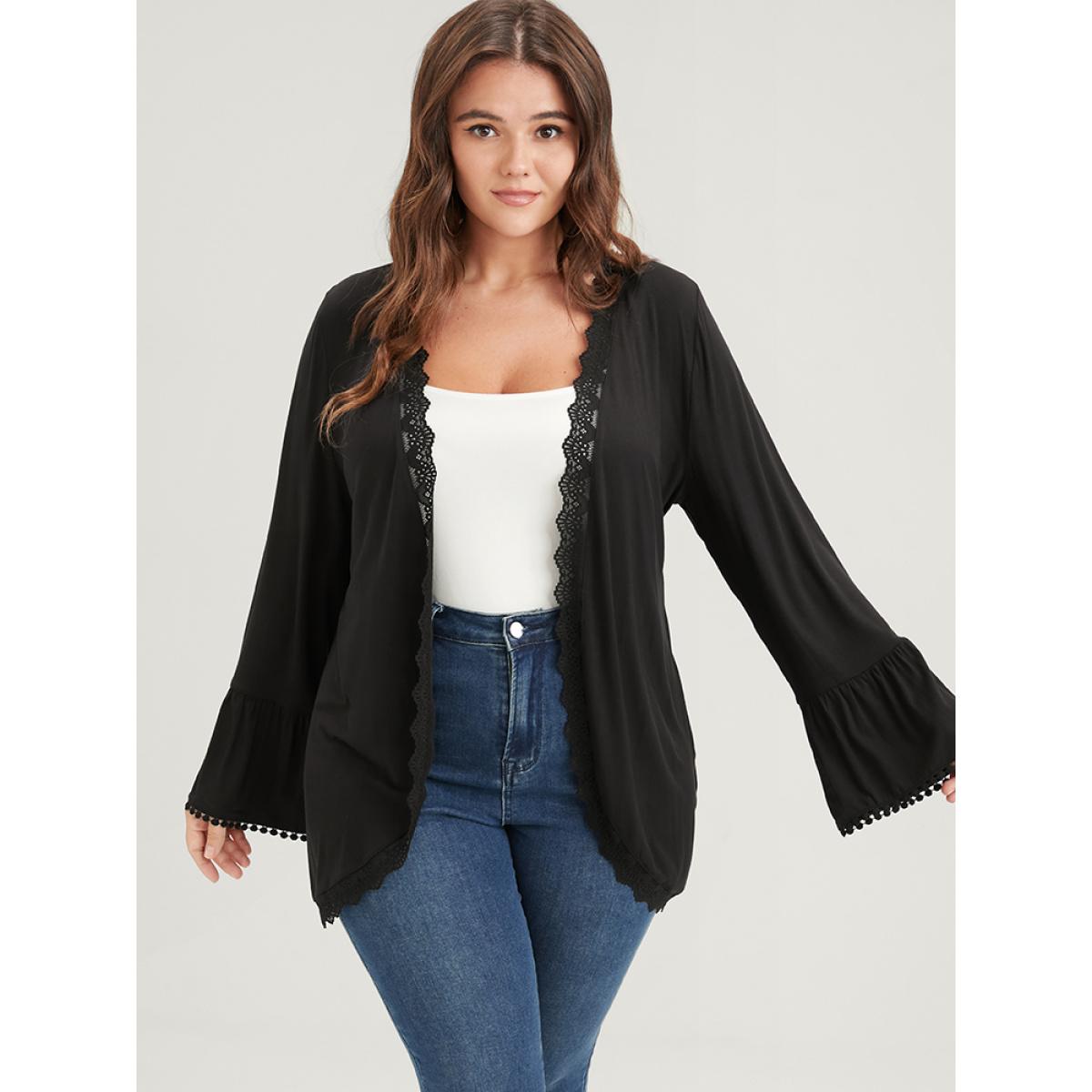 Plus Size Solid Ruffle Sleeve Lace Trim Coat Women Black Elegant Patchwork Ladies Dailywear Winter Coats BloomChic 12/L Product Image
