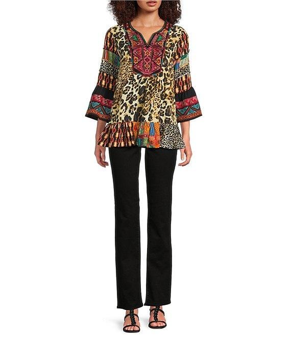 Calessa Embroidered Patchwork Animal Print Split V-Neck 3/4 Sleeve Tunic Product Image