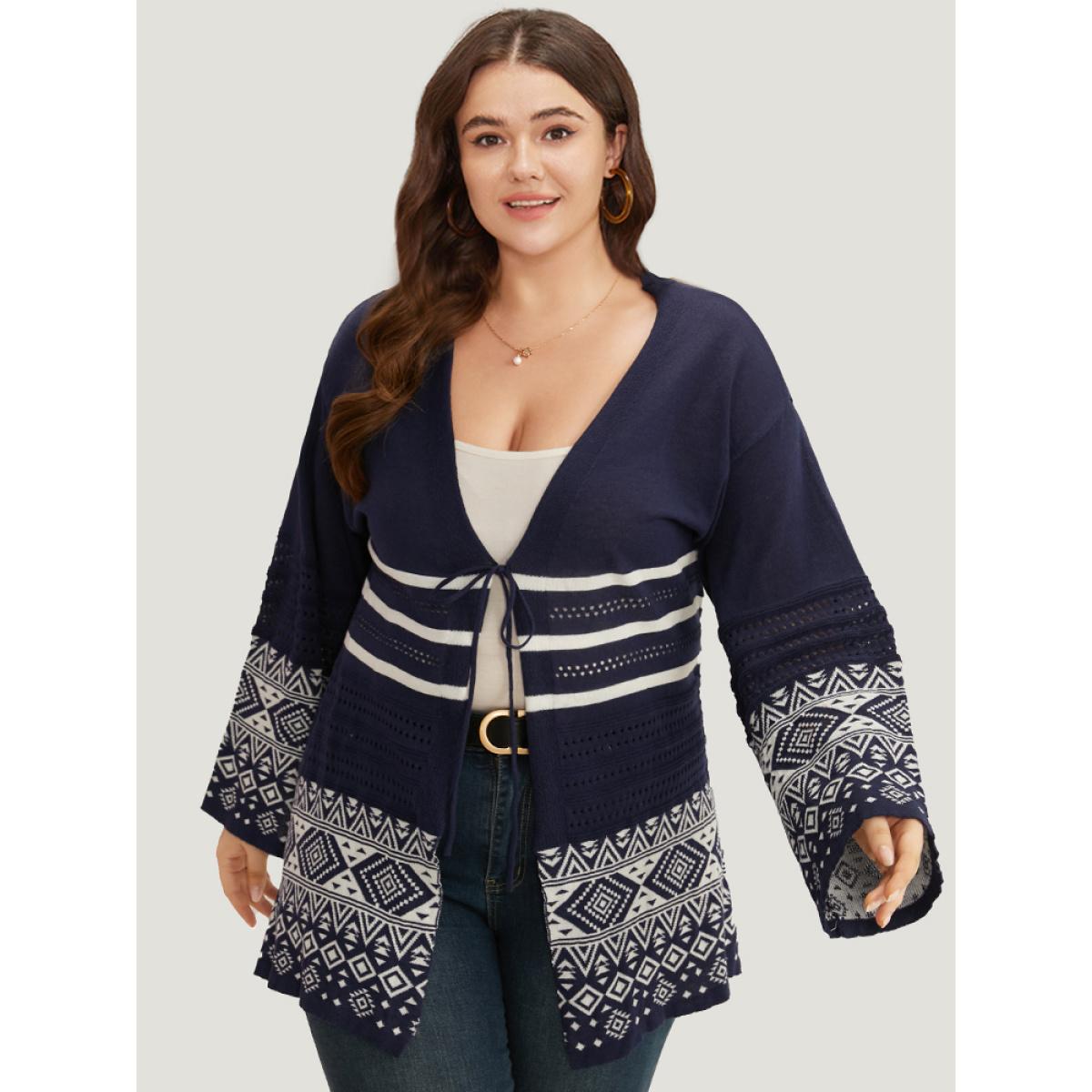Plus Size Bandana Print Geo Eyelet Ties Front Cardigan Indigo Women Casual Loose Long Sleeve Everyday Cardigans BloomChic 28/5X Product Image