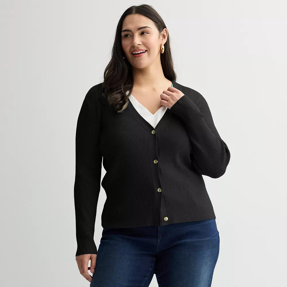 Plus Size Nine West Sweater Sculpt Ribbed Cardigan, Women's, Size: 2XL, Mineral Black Product Image