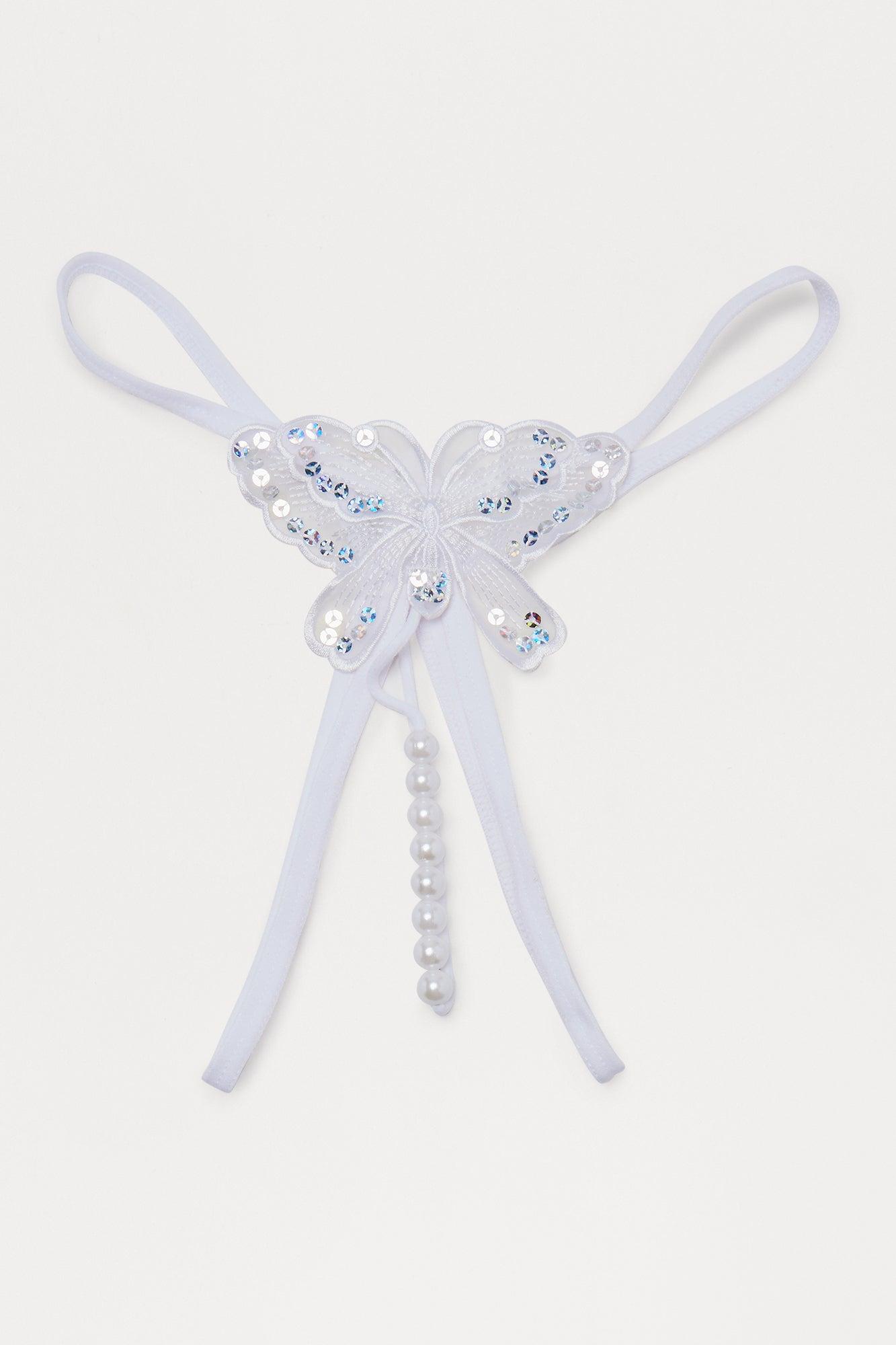 Jenna Pearl Butterfly Crotchless GString Thong Panty - White Product Image