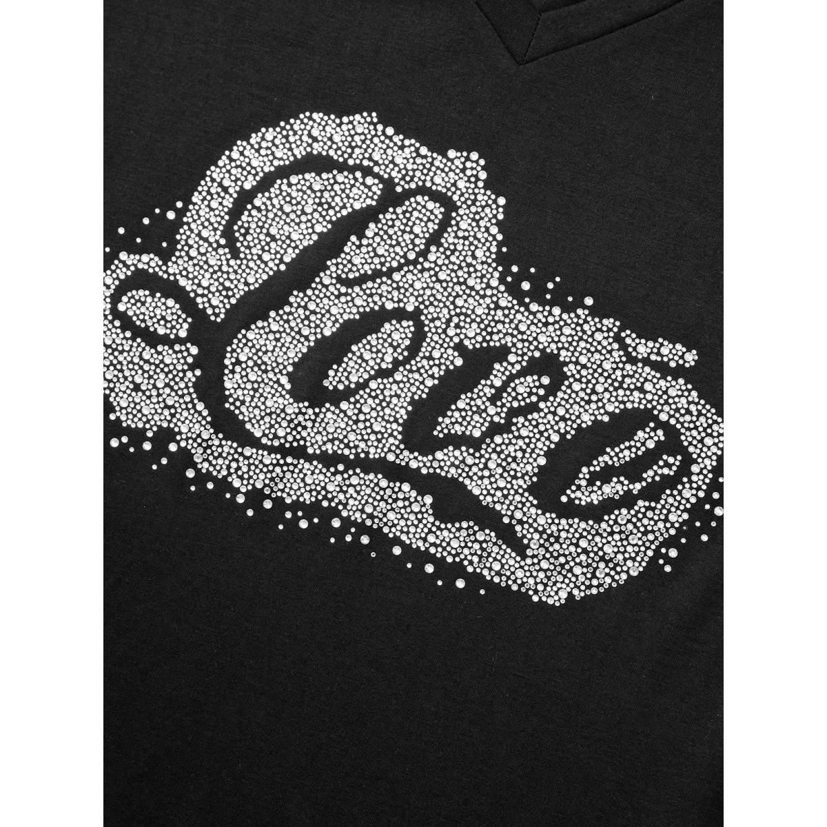 Plus Size Love Rhinestone V Neck T-shirt Black Women Casual Rhinestone detailing Art&design Everyday T-shirts BloomChic 12/L Product Image