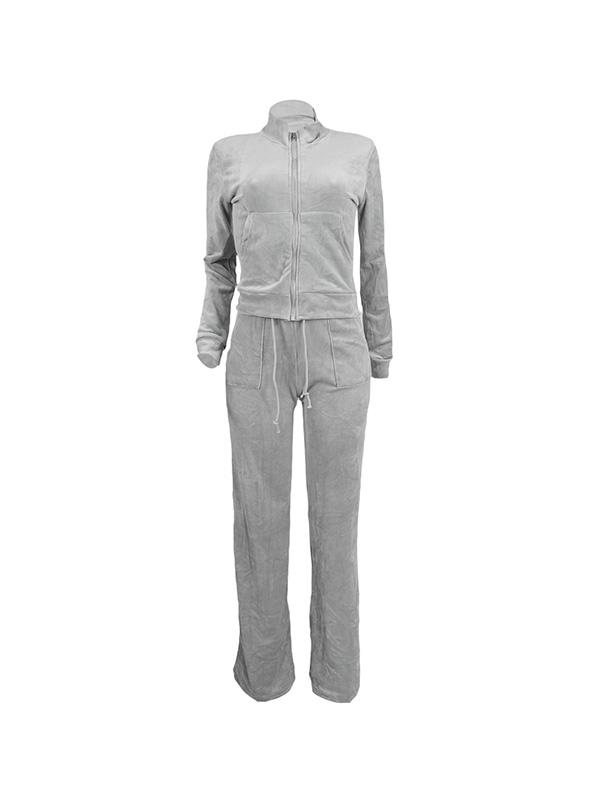 Solid Collar Neck Jacket & Lace Up Pants Set Product Image