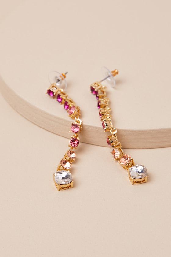 Sparkling Instinct Gold and Pink Rhinestone Drop Earrings Product Image