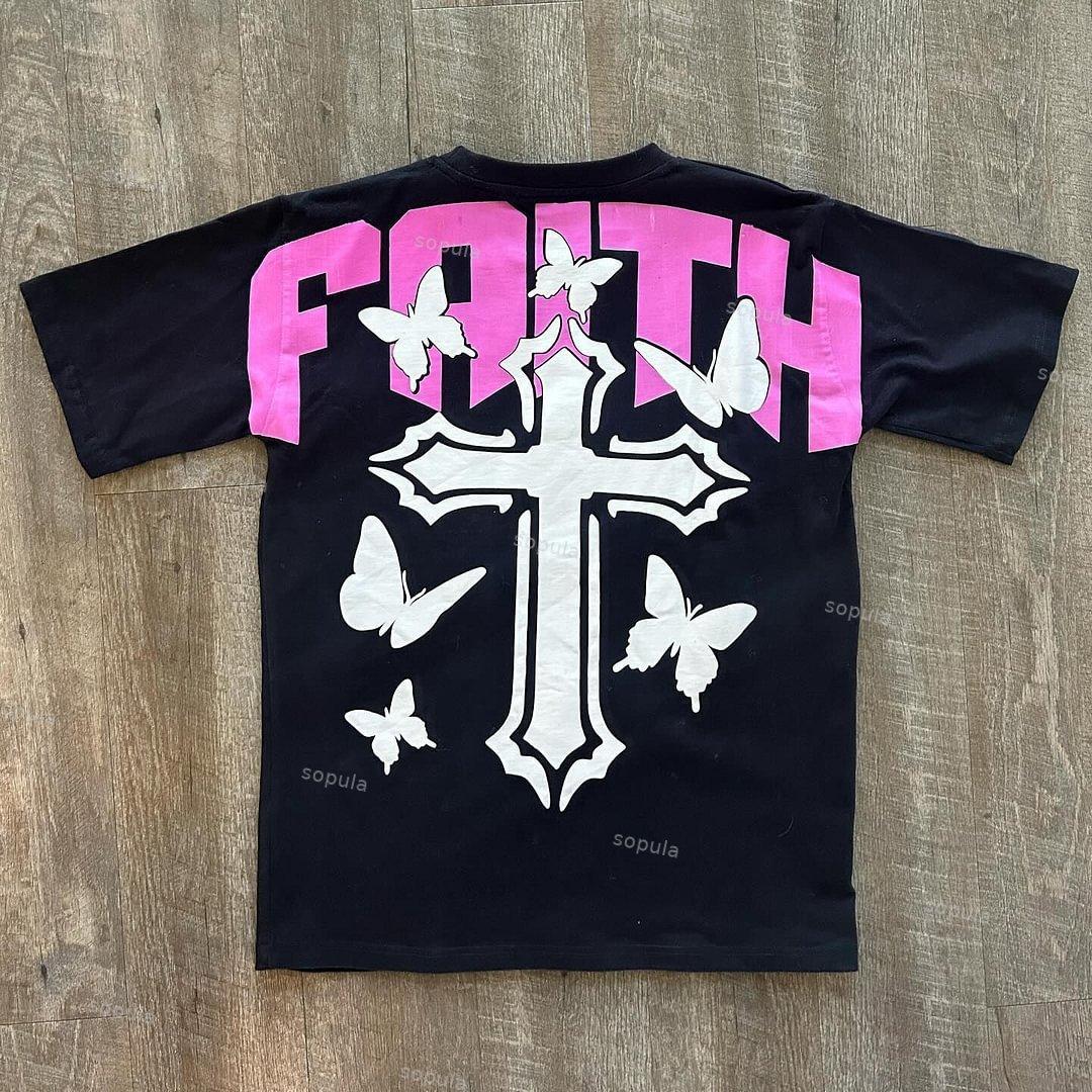 Men's Butterfly Faith Cross Vintage Graphic Cotton T-Shirt Product Image