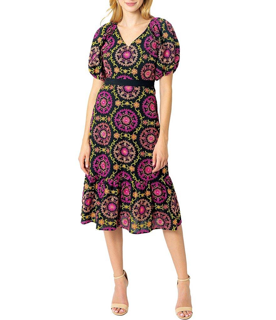Sam Edelman Regalia Eyelet Placement Print V-Neck Short Puff Sleeve A-Line Midi Dress Product Image
