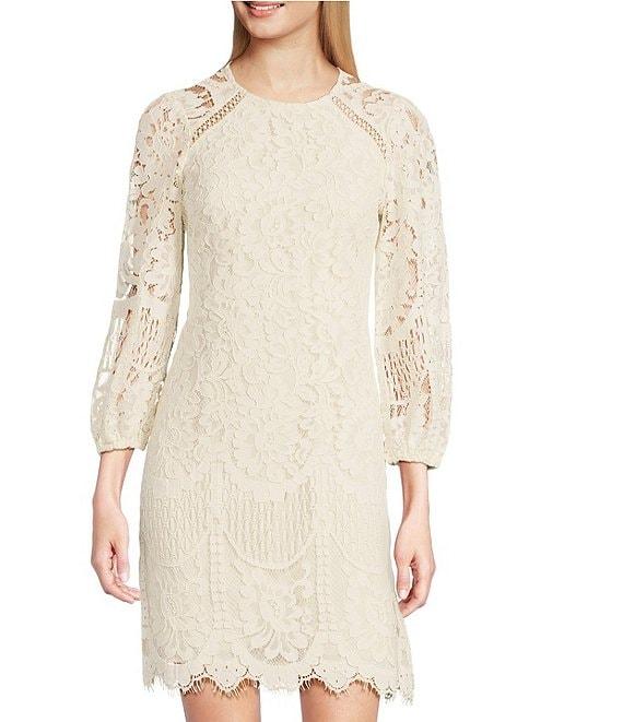 Vince Camuto Crew Neck 3/4 Sleeve Lace Illusion Shift Dress Product Image