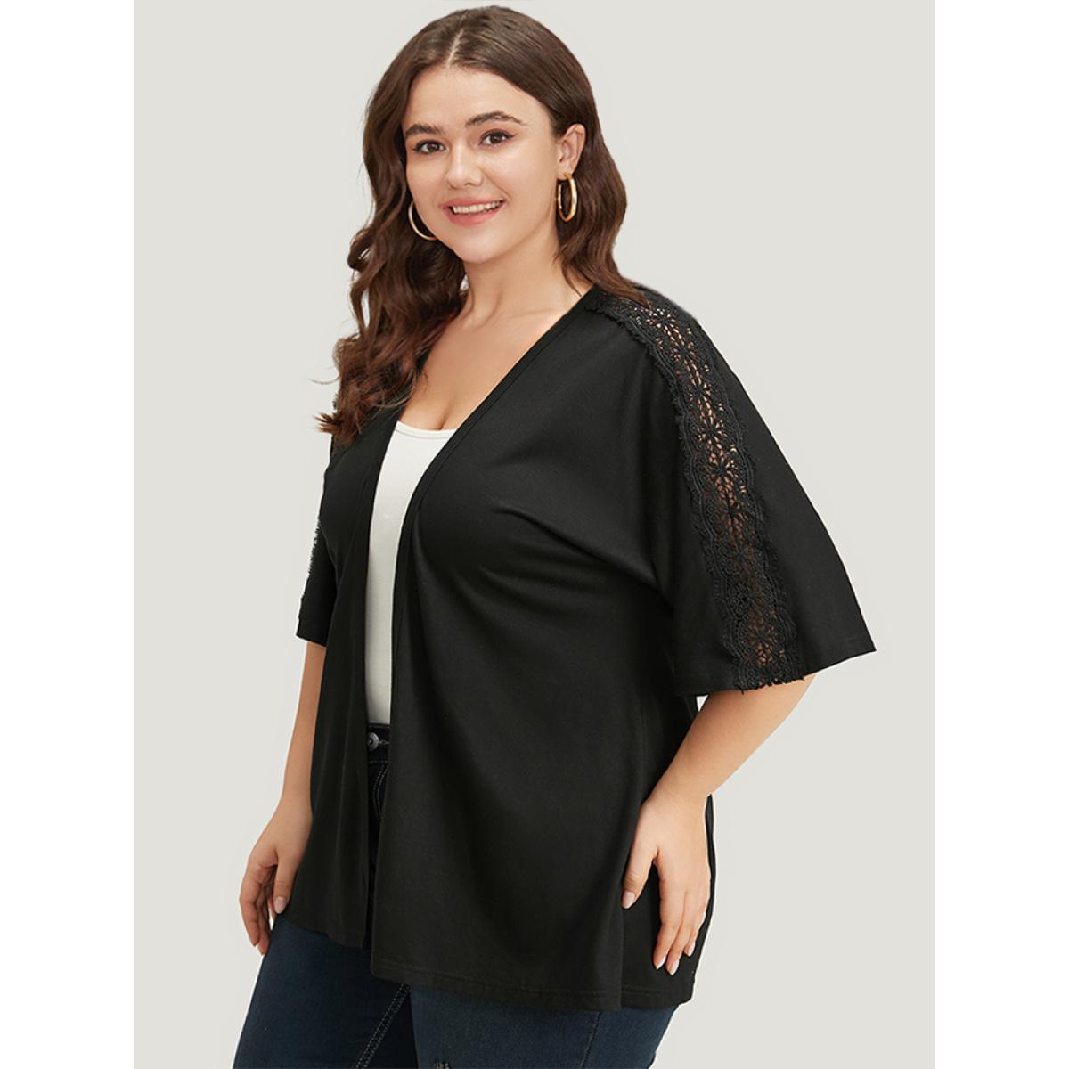 Plus Size Halloween Supersoft Essentials Plain Lace Panel Open Front Kimono Women Black Casual Plain Dailywear Kimonos BloomChic 10/M Product Image