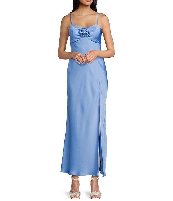Next Up Satin Sweetheart Neck Front Rosette Side Slit Midi Dress Product Image