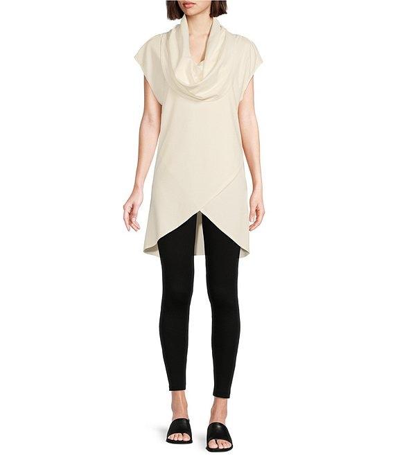 Bryn Walker Lavinia Stretch Jersey Modal Ponte Cowl Neck Short Sleeve Crossover High-Low Hem Tunic Product Image