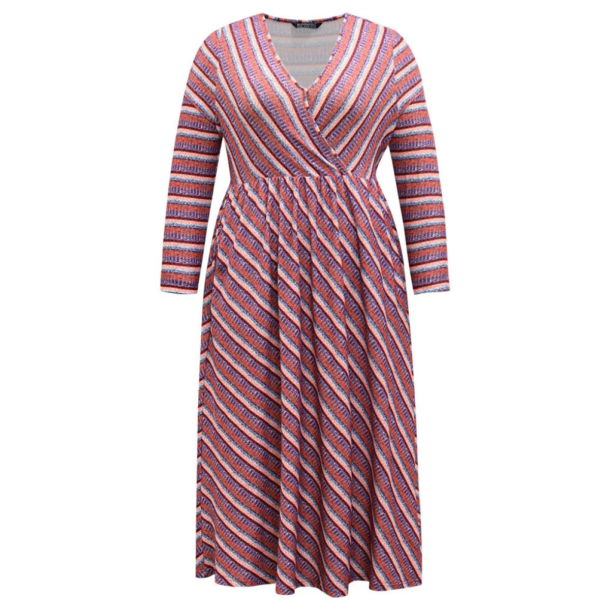 Plus Size Striped Elastic Waist Gathered Dress DustyPink Women Casual Printed V-neck Long Sleeve Curvy Midi Dress BloomChic 22-24/3X Product Image