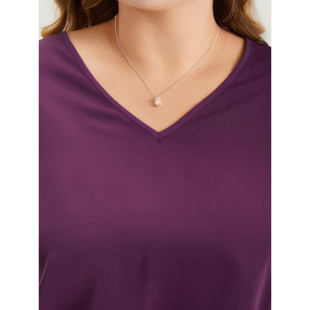 Plus Size Purple Anti-Wrinkle Plain V Neck Mesh Patchwork Flutter Sleeve Blouse Women Office Half Sleeve V-neck Office Blouses BloomChic 10/M Product Image