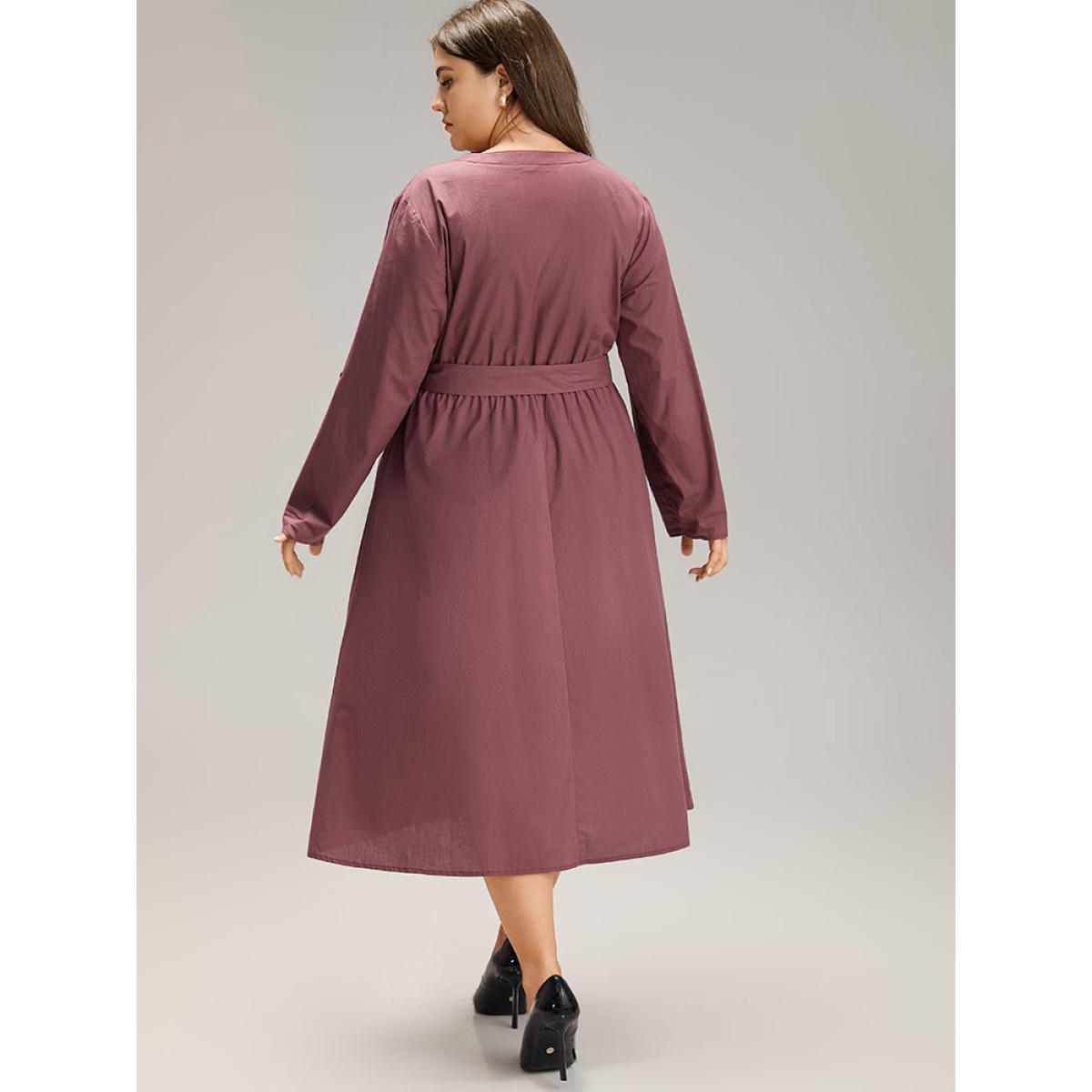 Plus Size Cotton Solid Buckle Detail Pocket Dress Burgundy Women Office Plain Shirt collar Long Sleeve Curvy Midi Dress BloomChic 18-20/2X Product Image