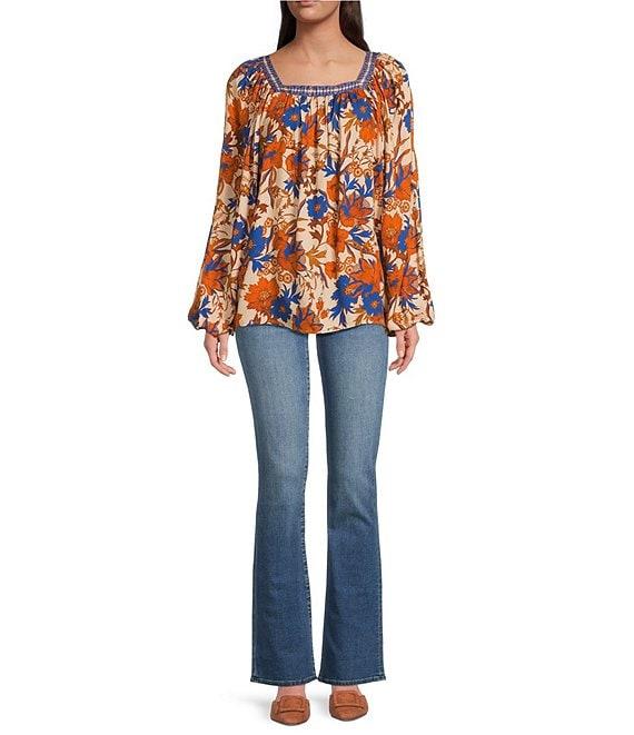 Tru Luxe Jeans Floral Square Neck Long Sleeve Peasant Top Product Image