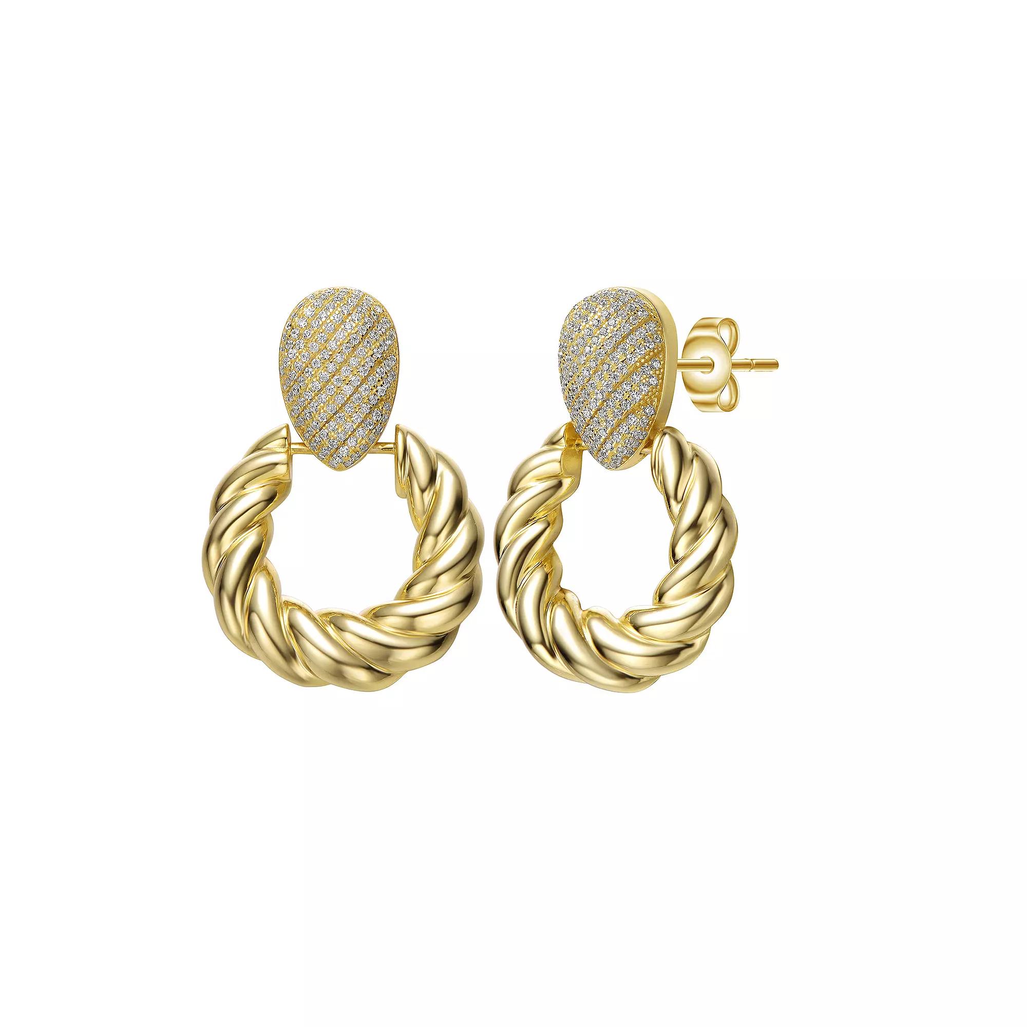 14k Yellow Gold Plated Cubic Zirconia Pave Twisted Rope Doorknocker Drop Earrings, Womens, Gold Tone Product Image