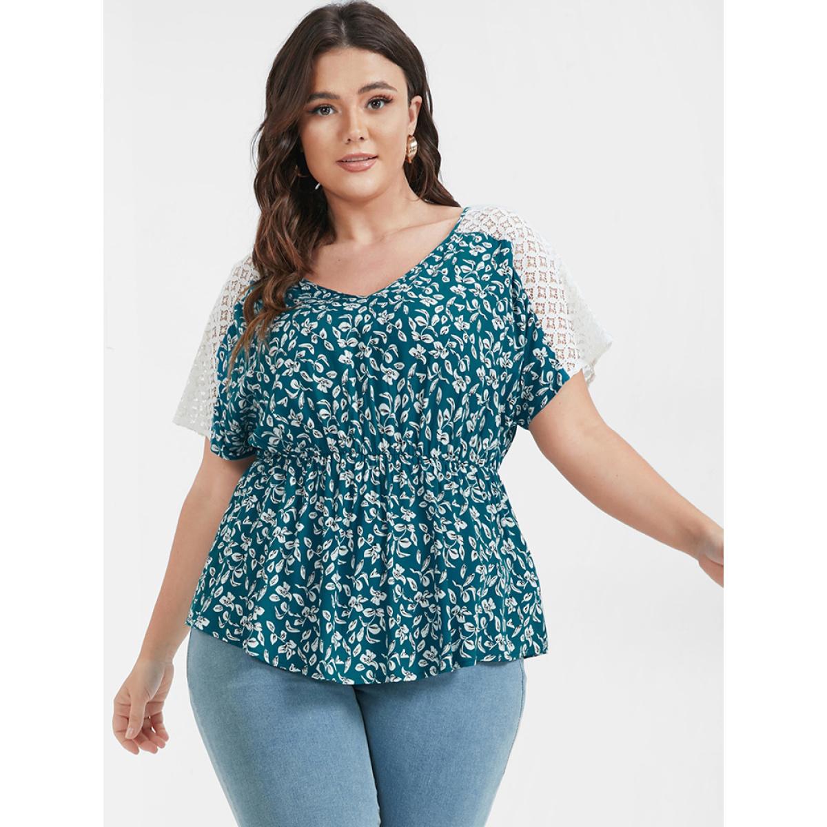 Plus Size Teal Ditsy Floral Ruffles Raglan Sleeve Contrast Lace Blouse Women Elegant Short sleeve V-neck Dailywear Blouses BloomChic 22-24/3X Product Image